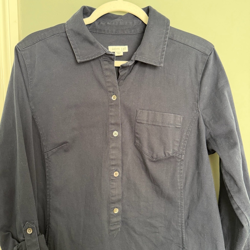 J. Jill Chino 100% Cotton Navy Blue Collared Long Sleeve Popover Shirt Dress - Picture 4 of 15